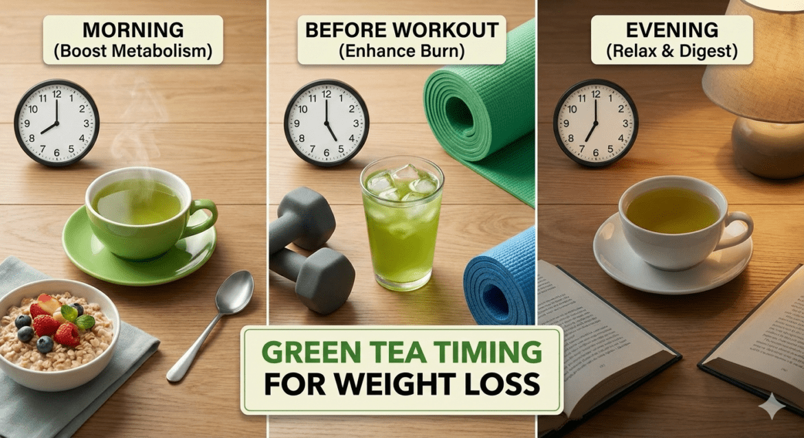 Find out when to drink green tea for weight loss: in the morning, evening, or before a workout.