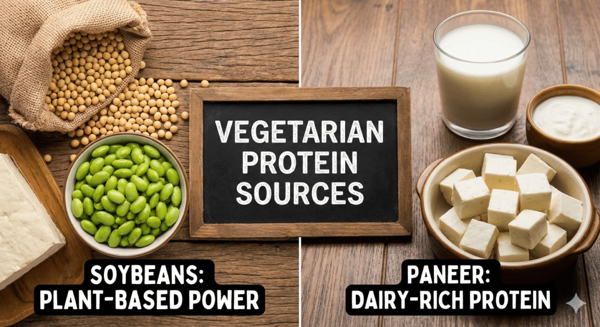 Which is the best source of protein for vegetarians: soybeans or paneer?